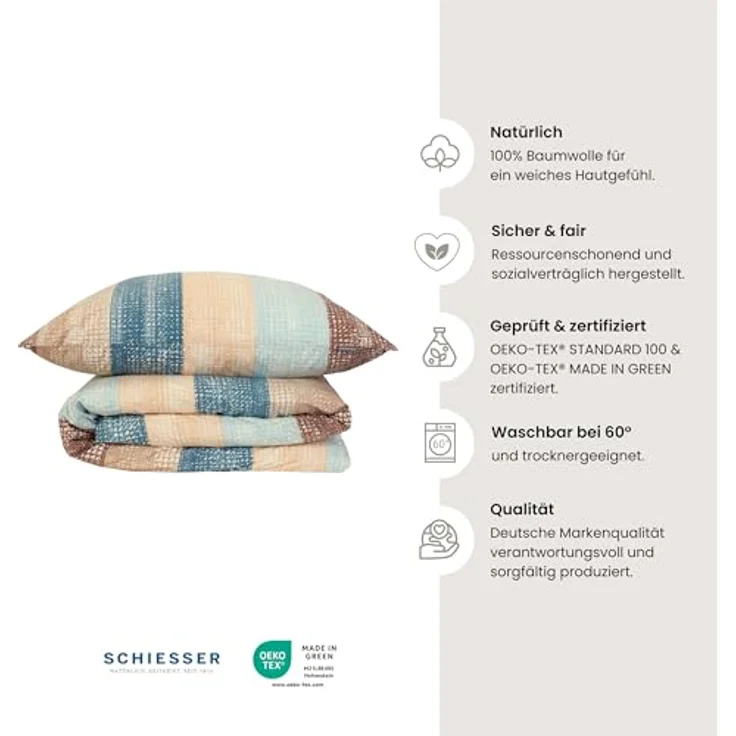 Schiesser Bettwäscheset Emilia | Gestreift | Renforcé | 100% Baumwolle | Oeko-Tex Zertifiziert | Reißverschluss | Petrol – Bild 2