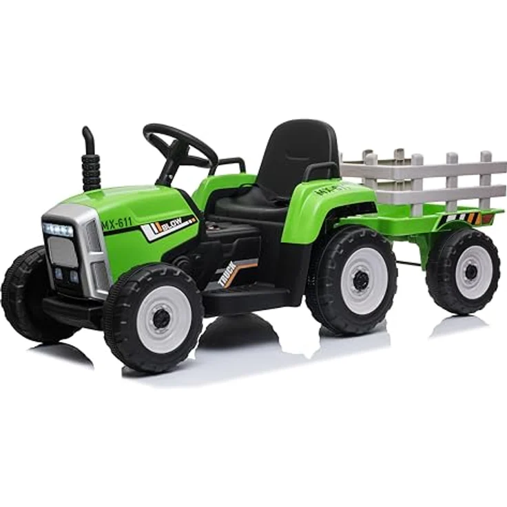 FINOOS Kinder Elektro Traktor 12V mit Schaufel & abnehmbarem Anhänger Kinder-Elektrofahrzeug, Kinder Aufsitztraktor mit LED-Licht & Musik & Hupe, 2,4G Fernbedienung, 2-5km/h (Grün) – Bild 4
