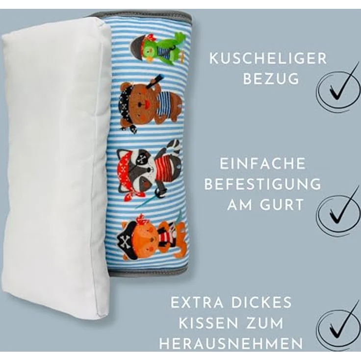 HECKBO Auto Schlafkissen Piraten Tiere Motiv für Kinder Mädchen Jungen - maschinenwaschbar – kuschelweich - Auto Gurtkissen, Gurtschoner, Gurtschutz Sitzerhöhung, Auto Kissen, Reisekissen, Urlaub – Bild 5