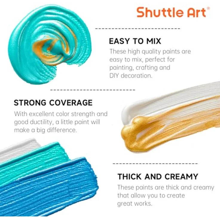 Shuttle Art Metallic Acrylfarben Set, 20x60ml Metallic Acrylfarben mit 10 Pinseln und 1 Palette, schnelltrocknend und wasserdicht für Basteln und Malen auf Leinwand, Holz und Stein, ungiftig – Bild 5