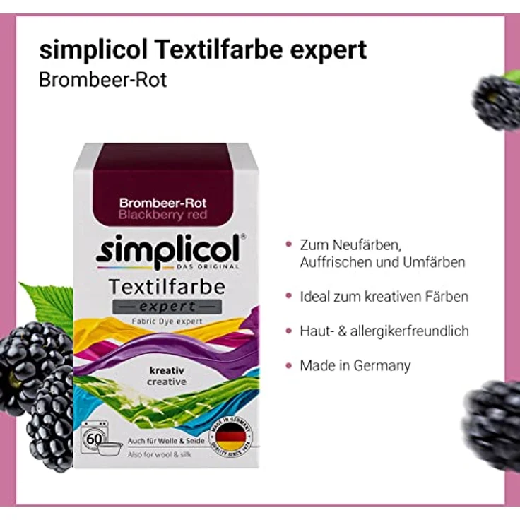 simplicol Textilfarbe expert Brombeer-Rot 1706 - Zum Umfärben und Auffrischen von Kleidung, Waschmaschinenfest, für Baumwolle, Wolle, Seide, Leinen, Viskose & Mischgewebe – Bild 3