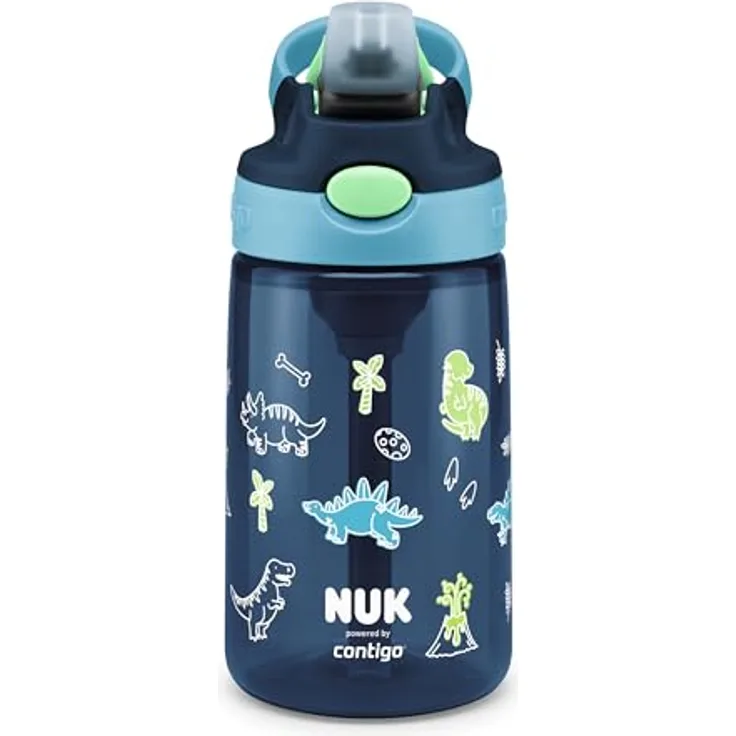 NUK By Contigo Easy Straw Cup, Auslaufsichere Trinkflasche mit Trinkhalm für Kinder ab 4 Jahren, BPA-frei, spülmaschinenfest, 420 ml, Dinosaurierdesign