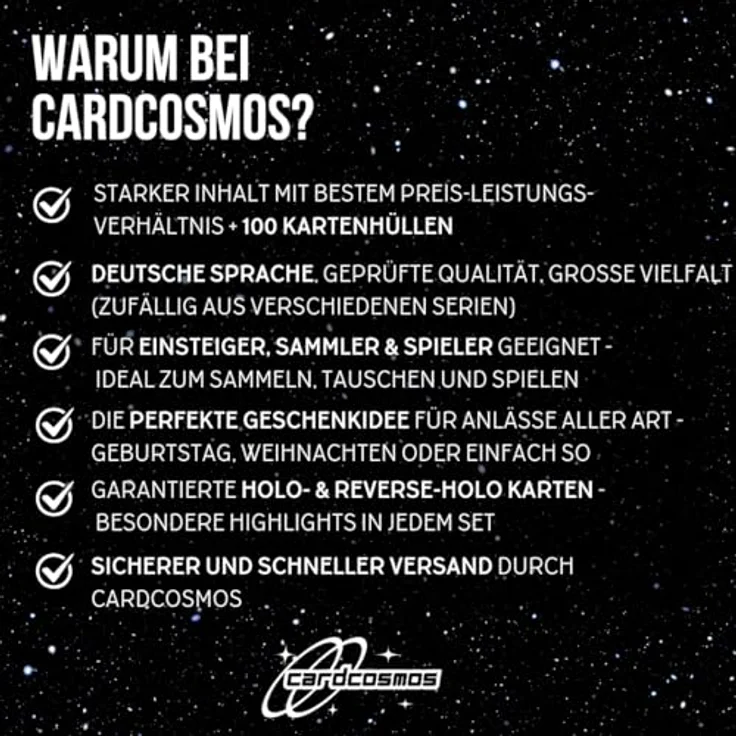 cardcosmos 200 Karten Set - Pokemon Karten Deutsch, Originale Sammelkarten mit 25 Holo/Reverse Holo, inkl. 100 Kartenhüllen, TCG Bundle für Kinder & Sammler – Bild 5