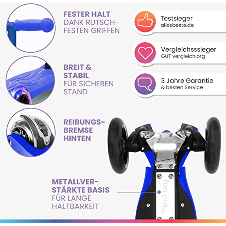fun pro Two Roller Kinder 6 Jahre, LED Räder Tretroller, Faltbar, bis 80KG, Premium Scooter Hamburg, erweiterte Garantie – Bild 2