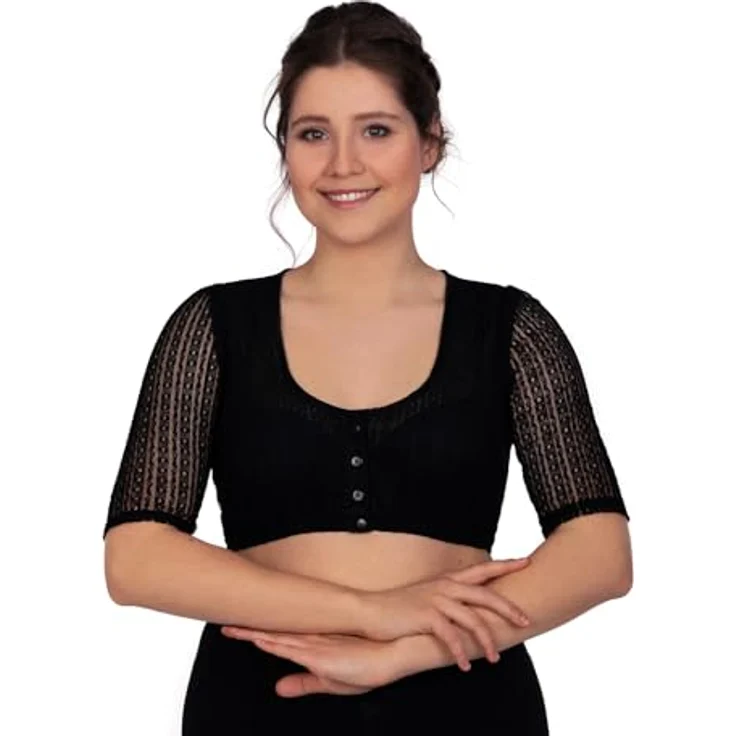 Edelnice Dirndlbluse Kassandra, Spitzenstoff mit Perlmutt-Knöpfen, 3/4 Ärmel, Stretch-Baumwolle, schwarz – Bild 2