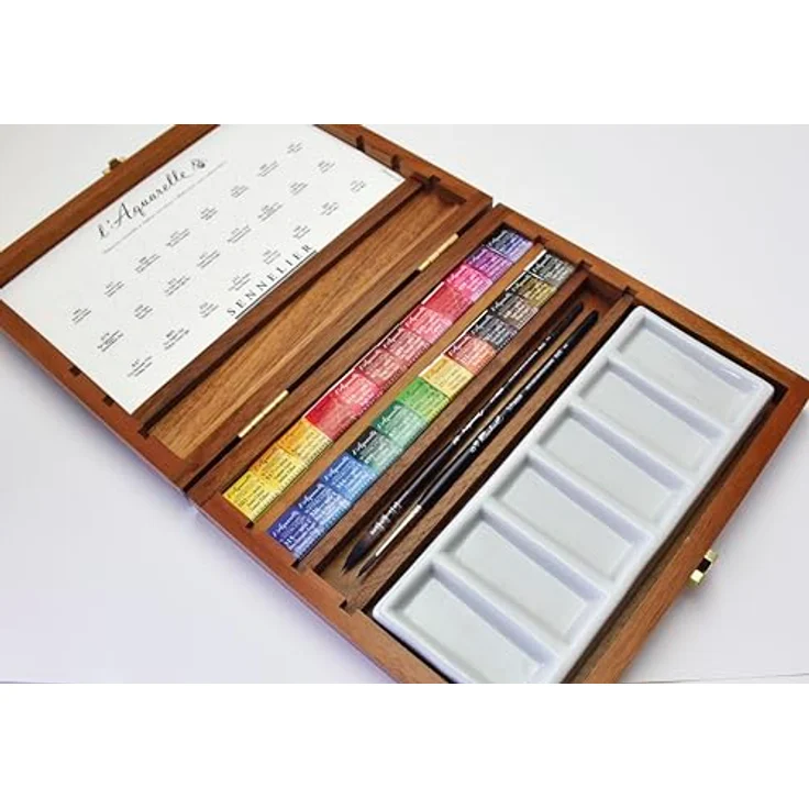 Sennelier L'Aquarelle Wood Watercolor Set, 24 Half Pans, inklusive Porzellanpalette und Pinseln Größe 2 und 3 – Bild 3