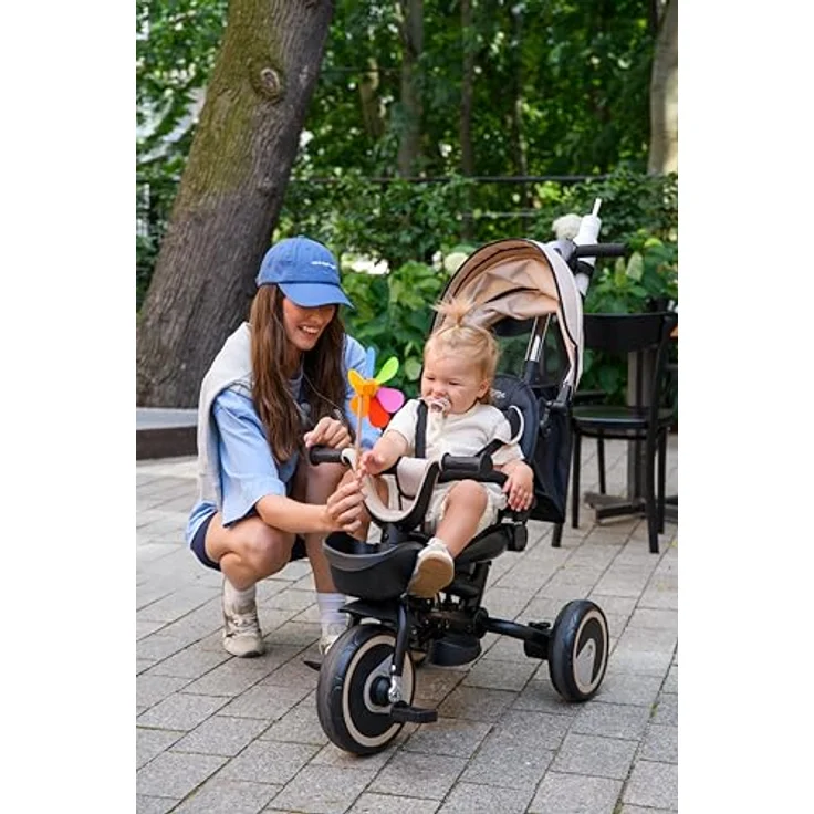 MoMi IVI 3-in-1 Kinderdreirad, beige, mit 360° drehbarem Sitz, Schiebestange & Sonnendach, 3-Punkt-Gurt, PU-Räder – Bild 15