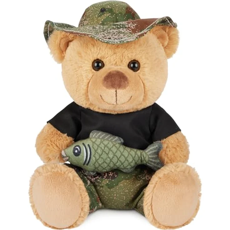 BRUBAKER Teddybär Angler mit Fisch und Anglerhut, 25 cm Plüschbär in Hellbraun Camouflage - Kuscheltier Geschenk für Angler und Outdoor Fans, Pflegeleicht und langlebig – Bild 1