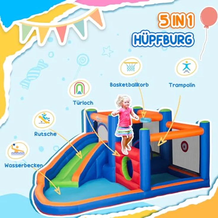 Outsunny Hüpfburg mit Rutsche, aufblasbar, 380 x 340 x 170 cm, mehrfarbig, inkl. Elektrogebläse und Tragetasche, Set 14-tlg. – Bild 3