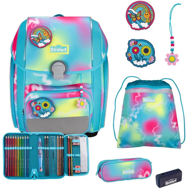 Scout Genius Safety Light Happy Rainbow, 5-teiliges Schulranzen-Set mit höhenverstellbaren Schultergurten und LED-Sichtbarkeit
