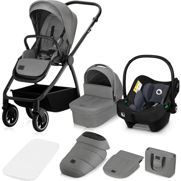 Lionelo Meril Kombikinderwagen 3-in-1, Babywanne bis 9 kg, Kindersitz bis 13 kg, für 0-48 Monate bis 22 kg, Geländeräder 360°, Vollfederung - Grau