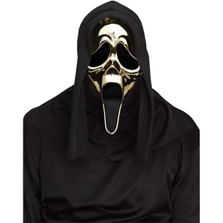 Fun World Scream - Ghostface Maske gold-metallic, Kostüm-Accessoire für Halloween & Horror-Party mit angenähter schwarzer Kapuze