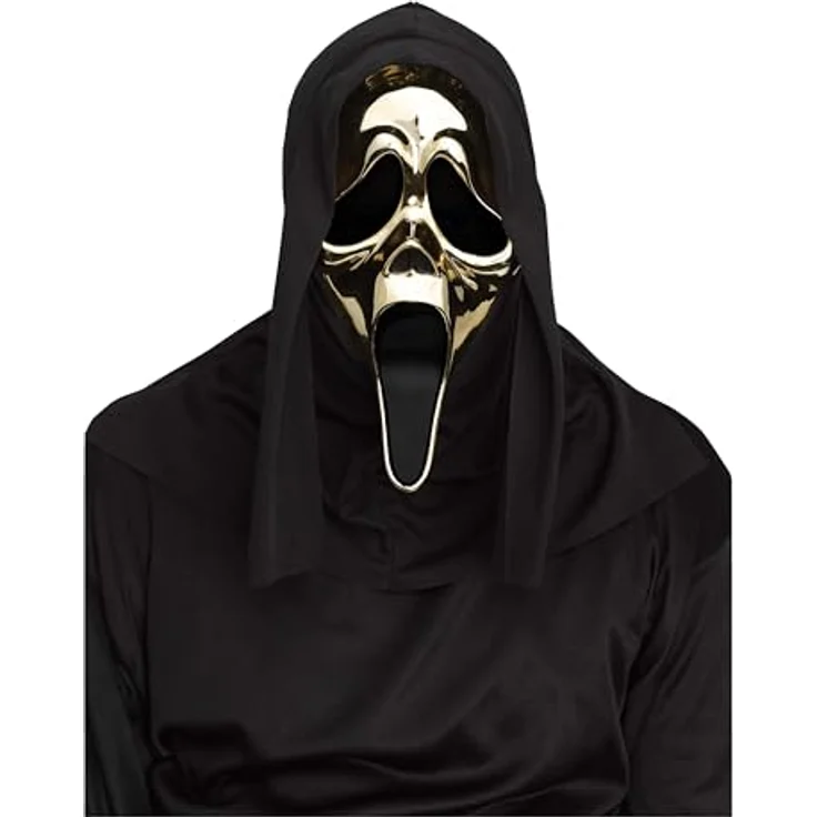 Fun World Scream - Ghostface Maske gold-metallic, Kostüm-Accessoire für Halloween & Horror-Party mit angenähter schwarzer Kapuze – Bild 1