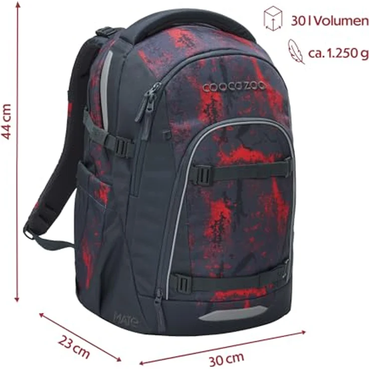 Coocazoo Mate Schulrucksack „Broken Black”, ergonomischer Tornister mit 30 Litern Volumen, höhenverstellbar, Brust- und Hüftgurt, schwarz-rot, ab der 3. Klasse – Bild 2