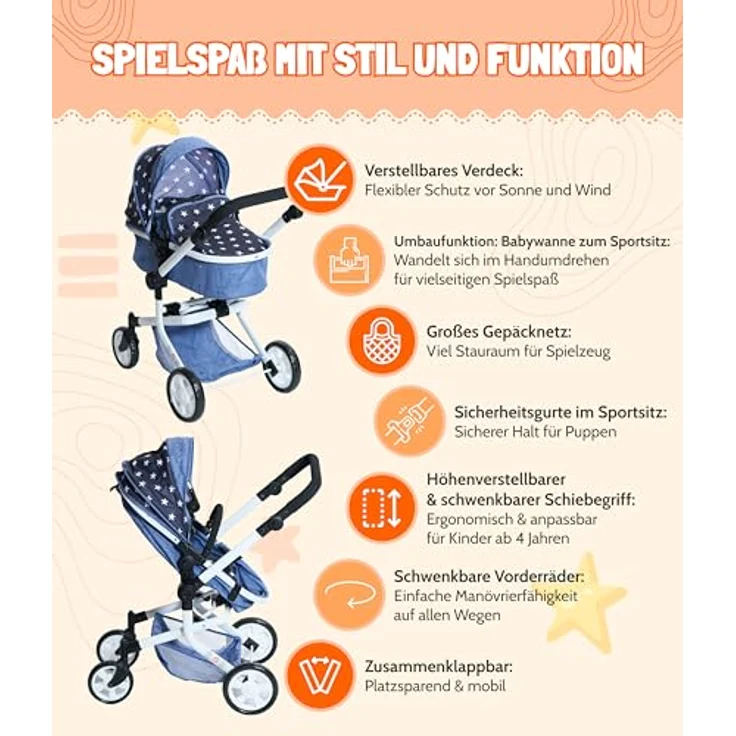Bayer Kombi-Puppenwagen "MIKA", schickes Gestell, schwenkbare Vorderräder, 2-in-1 Sportsitz/Wannenaufsatz, höhenverstellbarer Schiebegriff, kompakt zusammenklappbar, für Puppen bis 52 cm, pink – Bild 3