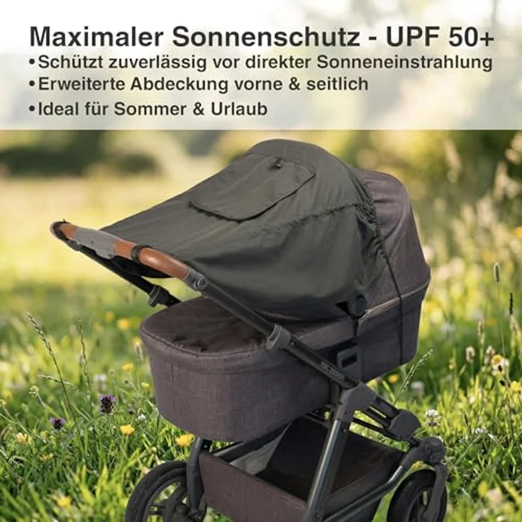 DIAGO Sonnensegel Kinderwagen mit Seitenschutz, UV Schutz 50+, atmungsaktiv und waschbar, Farbe: Anthrazite – Bild 2