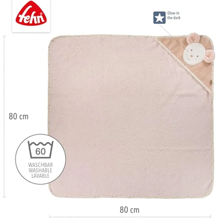 Fehn Kapuzenbadetuch Maus – Bade-Poncho aus Frottee mit Kapuze und Maus Motiv 80x80cm - saugstark & kuschelweich - in zartem Rose – Bild 4