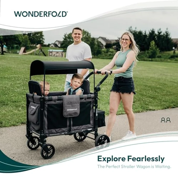 WONDERFOLD W2 Elite - Cochecito doble con 2 asientos altos cara a cara, arneses de 5 puntos, mango ajustable y toldo de protección UV, W2 Elite Gray – Bild 2