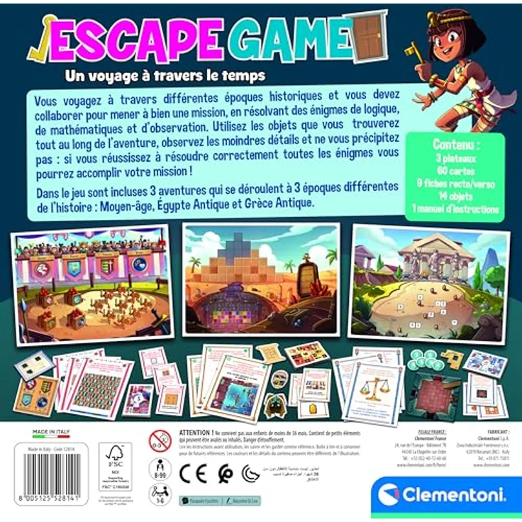 Clementoni Escape Game - Eine Reise durch die Zeit, Brettspiel mit 3 Tabletts, 60 Karten, 14 Gegenständen, für Kinder ab 8 Jahren, Mehrfarbig – Bild 3