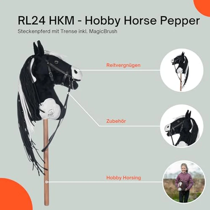 RL24 Hobby Horse Pepper, Steckenpferd aus Plüsch mit Holzstock und langer Mähne, schwarz/weiß, inkl. Trense und MagicBrush, ideal für Hobby Horsing – Bild 2