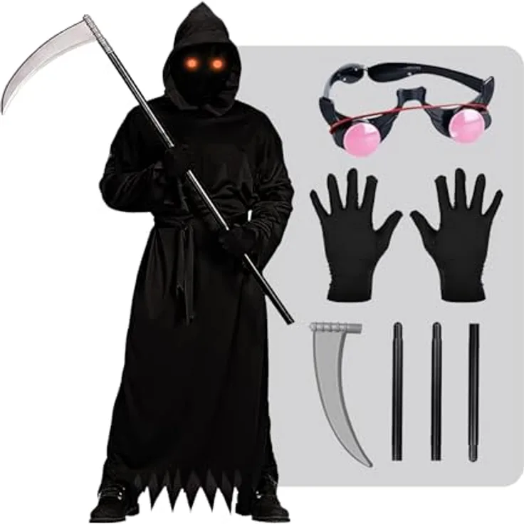 OriginalCup® Sensenmann Kostüm für Kinder, inkl. Vollkapuze, Kleid, Sense, Leuchtbrille, Handschuhe, Größe 100-130 cm, ideal für Halloween-Cosplay