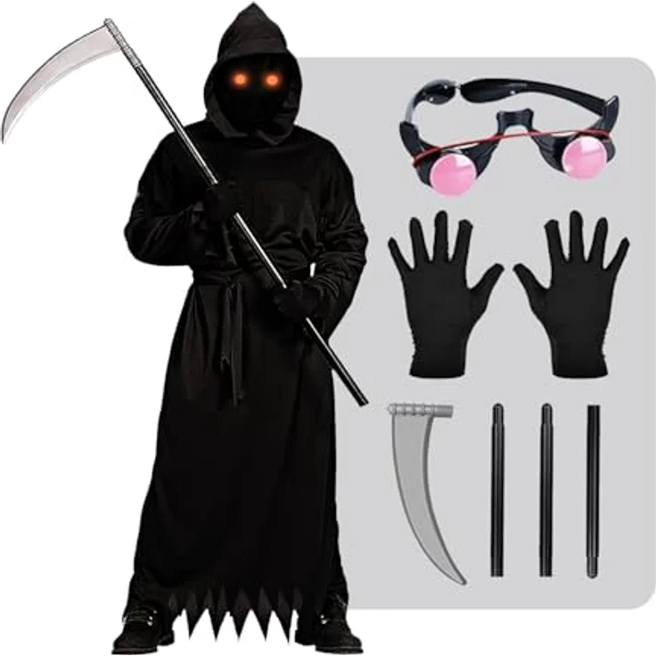 OriginalCup® Sensenmann Kostüm für Kinder, inkl. Vollkapuze, Kleid, Sense, Leuchtbrille, Handschuhe, Größe 100-130 cm, ideal für Halloween-Cosplay – Bild 1
