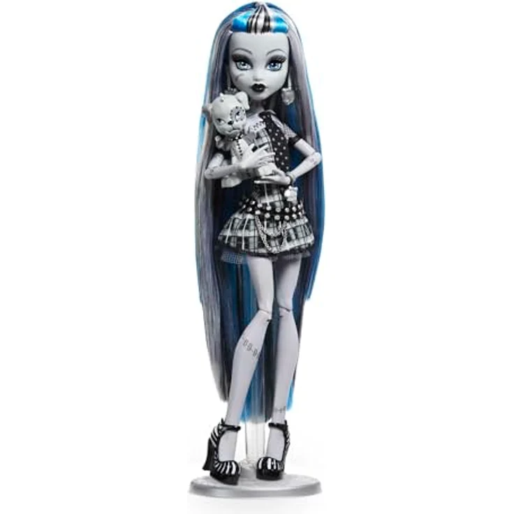 Mattel® Monster High Reel Drama Frankie Stein Anziehpuppe, schwarz-weiß, beweglich mit Hund Watzie und Filmpostern – Bild 1