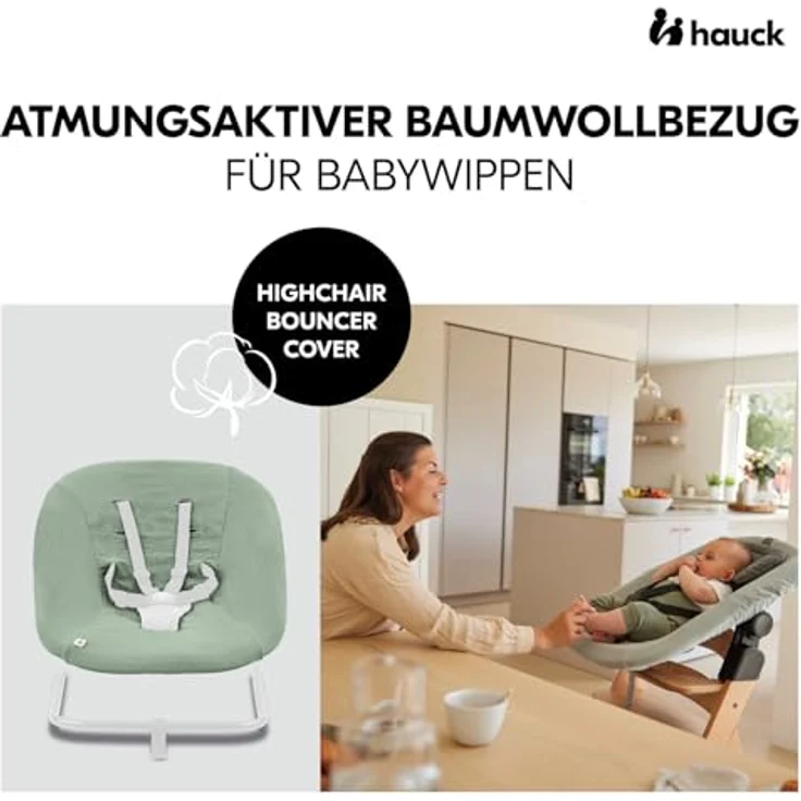 hauck Schonbezug für Babywippe Highchair Bouncer (Eco), Baumwolle mit Gummizug und Gurtschlitze für 5-Punkt-Gurt, waschbar bei 60°, sage – Bild 2