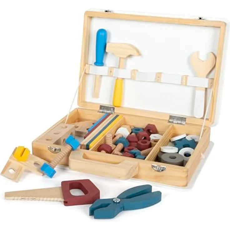 Small Foot Kinder-Werkzeug-Set Werkzeugkoffer Workshop, 53-tlg. aus Holz mit realitätsnahem Zubehör und Tragegriff – Bild 1