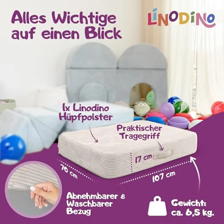 Linodino Hüpfpolster Elfenzauber Beige mit Federkern, rutschfester Unterseite, Tragegriff und abnehmbarem, waschbarem Cord-Bezug – Bild 7