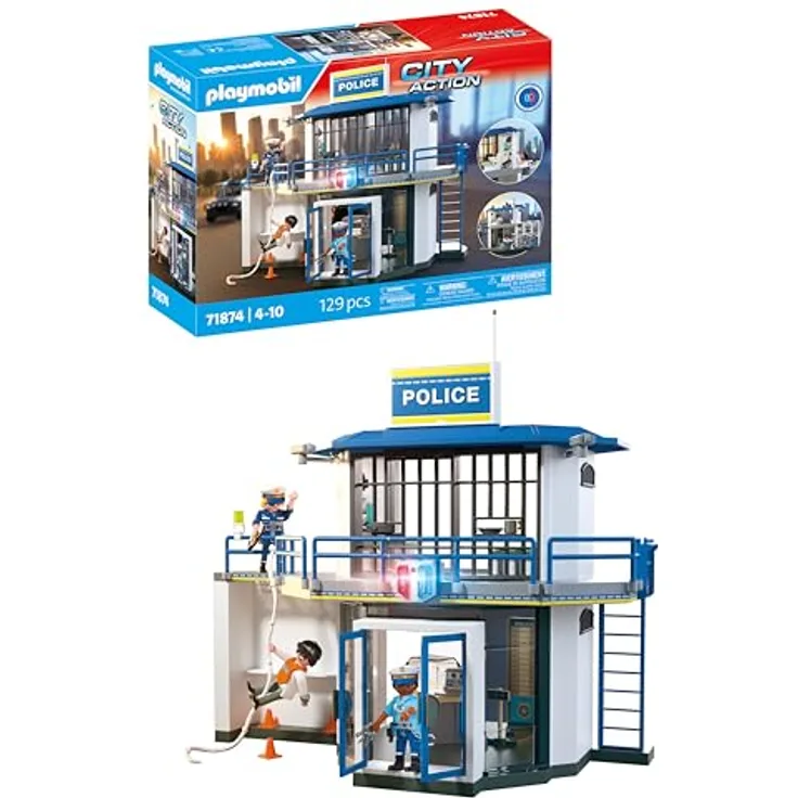 PLAYMOBIL Action Heroes Polizeiwache mit Fahndungsraum, Polizei-Spielzeug für Kinder ab 4 Jahren mit vielen realistischen Funktionen und spannenden Details, 71874