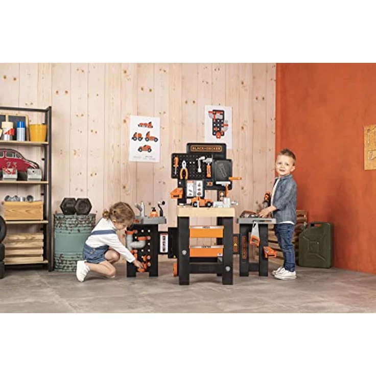 Smoby Toys - Black+Decker Mega Werkbank Center (100 Teile) - Spielzeug-Werkstatt für Kinder ab 3 Jahren mit Werkzeug, Nagelbrett, Autobausatz & mechanischem Akkuschrauber – Bild 6