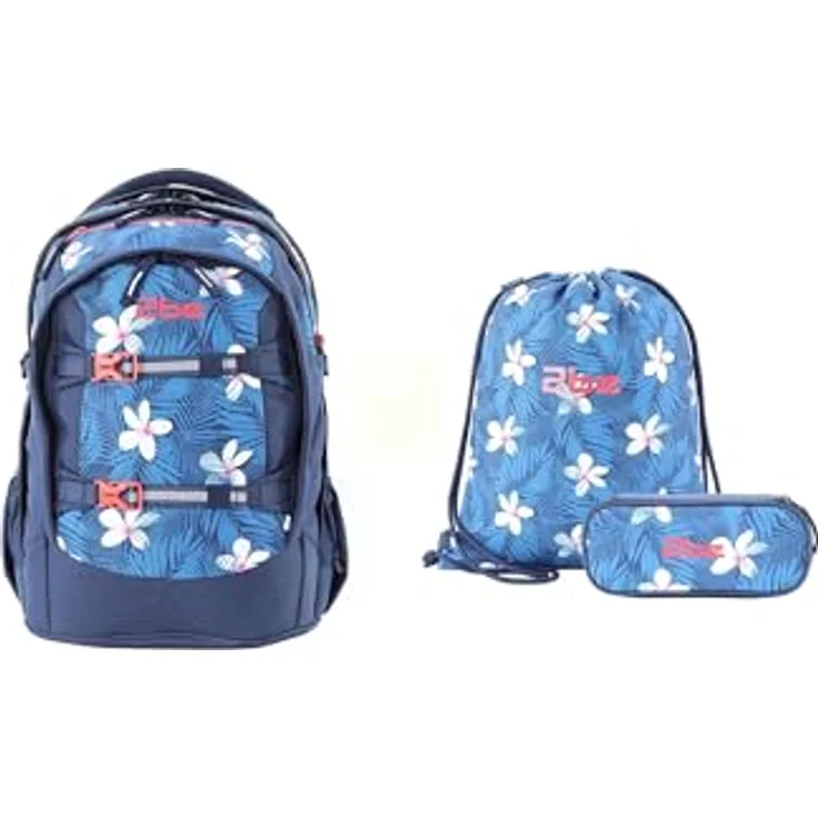 2be Schulrucksack Blue, mit Turnbeutel und Federmäppchen, leichtes System, reflektierende Teile, Regenhülle, verstellbare Schnallen