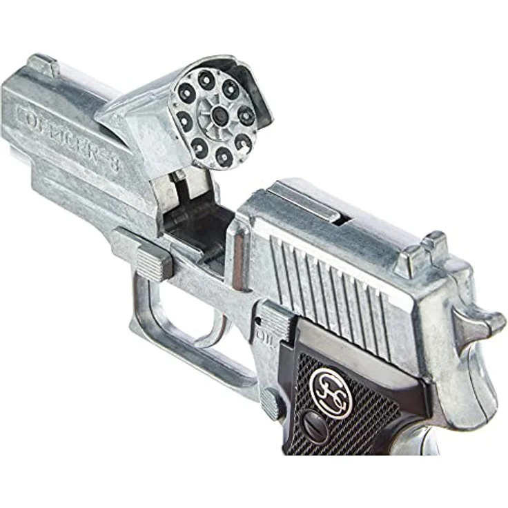 Bauer Spielwaren 1070481 DISCOUNT J.G.Schrödel Officer: Spielzeugpistole für Zündplättchen, Ideal für das Polizeikostüm, 8 Schuss, 15.5 cm, Schwarz/ Silber (107 0481) – Bild 4