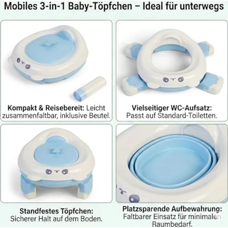 P & K Tragbarer Töpfchensitz für Kinder – Faltbare Reise-Toilette, leicht & kompakt, 2-in-1-Funktion, einfach zu reinigen, blau-weiß – Bild 2