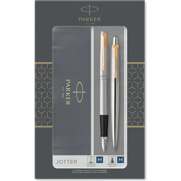 Parker Pen JOTTER Edelstahl G.C., Kugelschreiber mit goldfarbenem Clip, mittlere Strichstärke, blaue Schreibfarbe