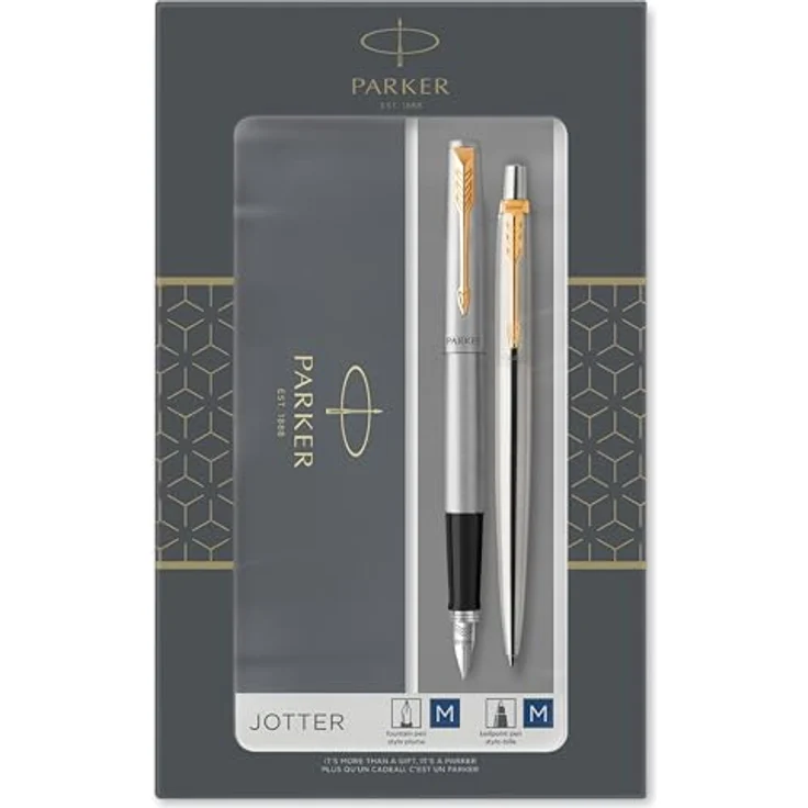 Parker Pen JOTTER Edelstahl G.C., Kugelschreiber mit goldfarbenem Clip, mittlere Strichstärke, blaue Schreibfarbe – Bild 1