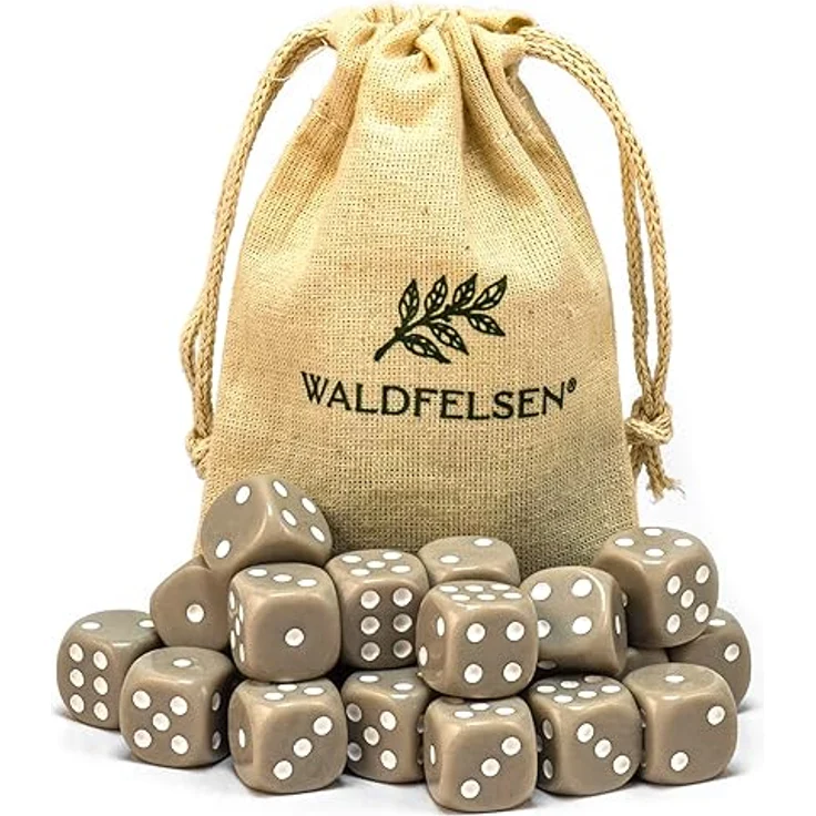 Waldfelsen 6-seitige Acrylwürfel, hochqualitative Knobel Spielwürfel Standardgröße 16 mm, grau, 20 Stück im Stoffbeutel – Bild 1