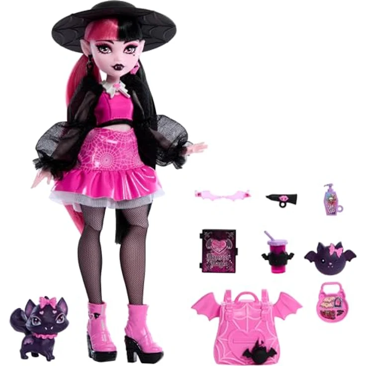 Mattel® Anziehpuppe Monster High Draculaura with Pet Fabulous Doll, Rosa und Schwarz, Gruselige Accessoires, Voll artikuliert – Bild 5