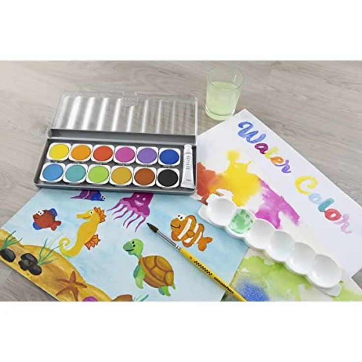 Eberhard Faber Schulstarter Box 560141, inklusive Colori Buntstiften, Winner Deckfarbkasten, A4 Zeichenblock, Wasserbox und Pinsel Set in Blau – Bild 3