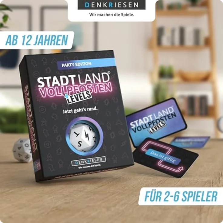 DENKRIESEN STADT LAND VOLLPFOSTEN® - Levels - PARTY EDITION, Brettspiel für 2-6 Spieler, inklusive Blitzwürfel, 60 Spielkarten, ab 12 Jahren – Bild 2