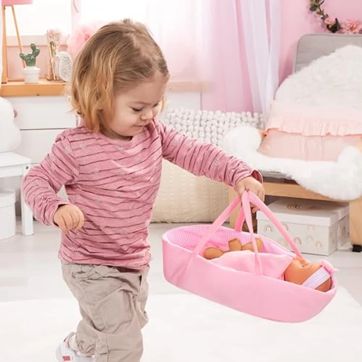 Bayer Babypuppe Cozy 28cm, Weichkörperpuppe mit Zubehör, 6-teilig, inklusive Trage, Decke, Kissen, Teddy, Schnuller und Flasche – Bild 6