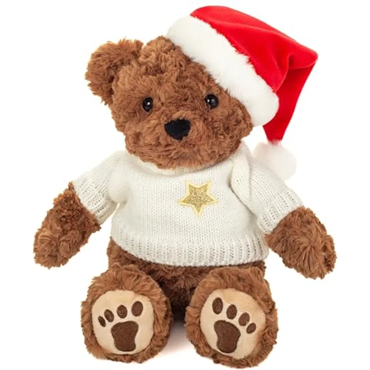 Teddy Hermann® Kuscheltier Weihnachtsteddy mit Pullover, 30 cm, braun mit weißem Pullover und roter Weihnachtsmütze