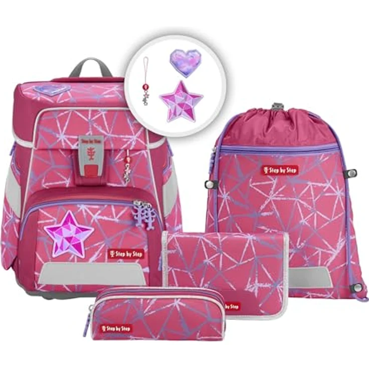 Step by Step Schulranzen-Set Space „Star Stella“ 5-teilig, lila-rosa, Stern-Design, ergonomischer Tornister mit Reflektoren, höhenverstellbar mit Hüftgurt für Mädchen ab der 1. Klasse, 20L – Bild 1