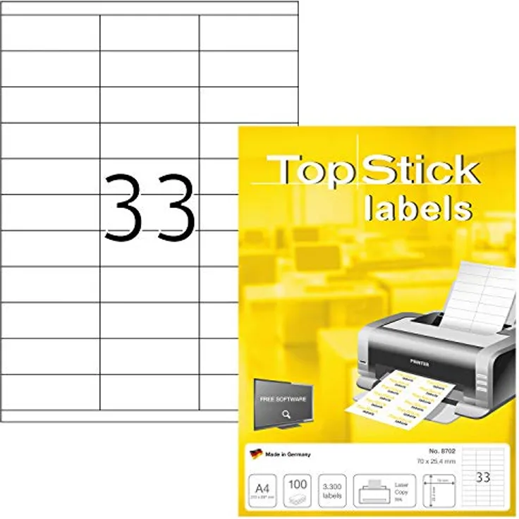 TopStick 8702 Universal Etiketten, 33000 selbstklebende Klebeetiketten, 70 x 25,4 mm, matt, blanko, weiß, für Laserdrucker und Inkjet-Drucker
