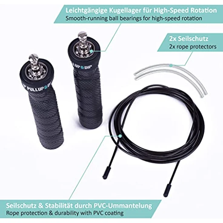 PULLUP & DIP Speed Rope, Fitness Springseil mit Profi Kugellager, ergonomischen Anti-Rutsch Griffen und verstellbarer Seillänge, PVC Ummantelung, 3 m für Ausdauertraining, Boxen und MMA – Bild 3