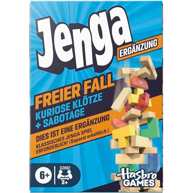 Hasbro Gaming Jenga Ergänzung: Freier Fall, mit bunten kuriosem Klötzen und Sabotagekarten, erfordert Jenga Spiel, ab 6 Jahren – Bild 1
