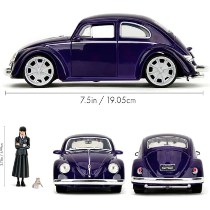 JADA Modellauto Wednesday 1972 Volkswagen Beetle VW Käfer 1:24, inklusive Wednesday Figur, Schleichendes Design und freilaufende Türen – Bild 3