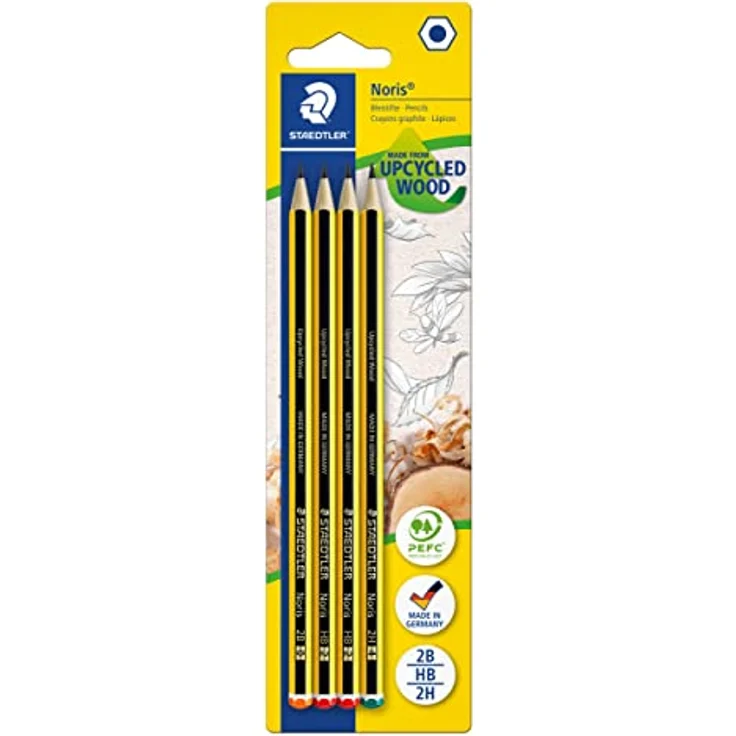 STAEDTLER Bleistift Noris 120, Made from Upcycled Wood, Rutschfeste Soft-Oberfläche, hohe Buchfestigkeit, Made in Germany, Blisterkarte mit 4 Stück (2 x HB, je 1 x B, 2H), 120-S BK4D – Bild 1