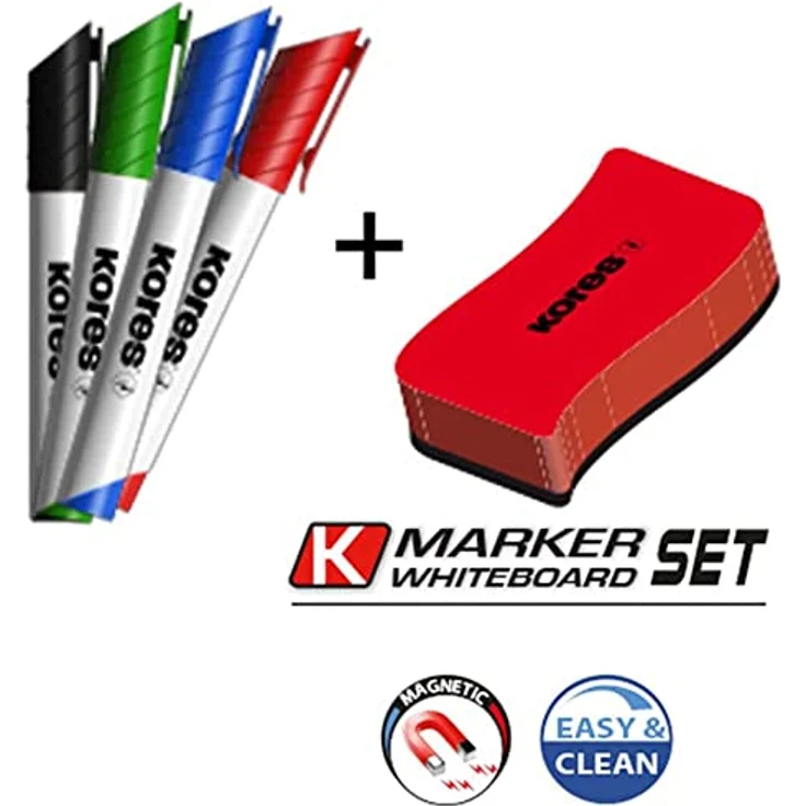KORES Whiteboard Marker M20865, 5er Set mit 3-5mm Keilspitze, schwarz, blau, rot, grün + magnetischem Schwamm, schnelltrocknend, rückstandslos entfernbar – Bild 4